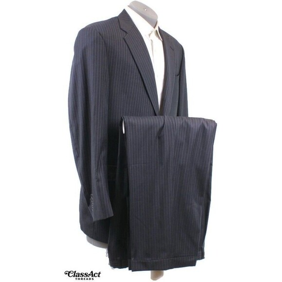 Hart Schaffner Marx 2 Pc Suit Mens Black Striped 2 Button Gold Trumpeter 44L - Picture 1 of 9